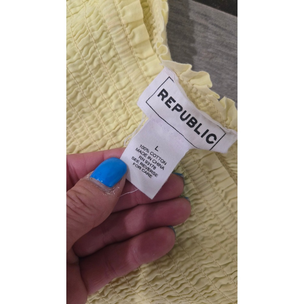 Republic Yellow Cotton Smocked Tiered Midi Dress Tie Straps L - Picture 3 of 6